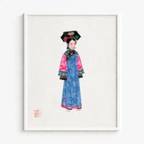 Framed Illustration Woman Traditional Chinese Attire Blue Robe Qing Dynasty Manchu, Fashion, Art