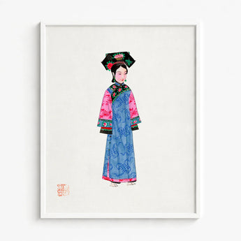 Framed Illustration Woman Traditional Chinese Attire Blue Robe Qing Dynasty Manchu, Fashion, Art