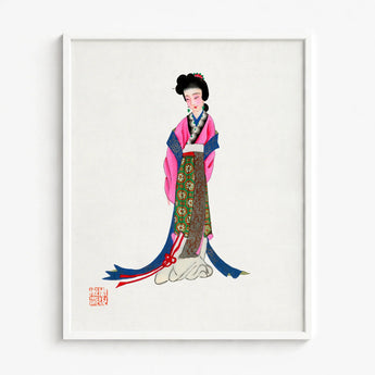 Framed Illustration Traditional East Asian Woman Ornate Pink Tang Dynasty Opulence, Qing Manchu, Fashion Art