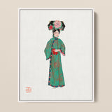 Framed Artwork Woman Traditional Chinese Attire Ornate Green Qing Dynasty Fashion, Manchu, Art