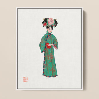 Framed Artwork Woman Traditional Chinese Attire Ornate Green Qing Dynasty Fashion, Manchu, Art