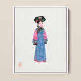 Framed Watercolor Painting Woman Traditional Chinese Attire Blue Qing Dynasty Manchu, Fashion, Art