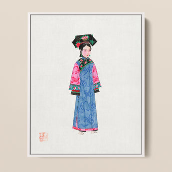Framed Watercolor Painting Woman Traditional Chinese Attire Blue Qing Dynasty Manchu, Fashion, Art