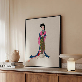 Noblewoman - Manchu Fashion Art Print / Canvas Framed Artwork Traditional Chinese Woman Ornate Pink Green Tang Dynasty Opulence, Qing