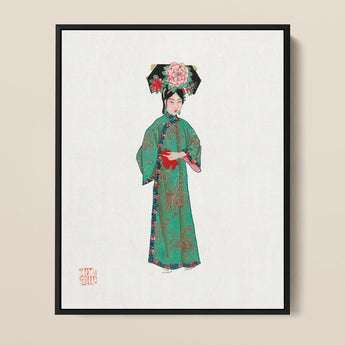 Noblewoman - Manchu Fashion Art Print / Canvas Framed Artwork Woman Traditional Chinese Attire Ornate Green Qing Dynasty, Prints