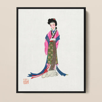 Noblewoman - Manchu Fashion Art Print / Canvas Framed Illustration Traditional Chinese Woman Ornate Pink Blue Tang Dynasty Opulence, Qing,
