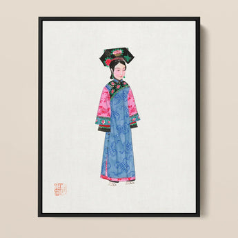 Noblewoman - Manchu Fashion Art Print / Canvas Framed Illustration Woman Traditional Chinese Attire Blue Robe Qing Dynasty Manchu, Manchu
