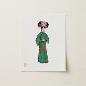 Noblewoman - Manchu Fashion Art Print / Canvas Green Embroidered Traditional Chinese Dress Floral Patterns Ornate Qing Dynasty, Prints
