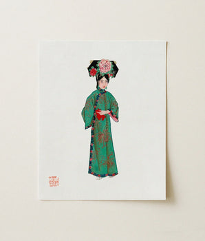 Green Embroidered Traditional Chinese Dress Floral Patterns Ornate Qing Dynasty Fashion, Manchu, Art
