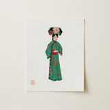 Noblewoman - Manchu Fashion Art Print / Canvas Green Embroidered Traditional Chinese Dress Floral Patterns Ornate Qing Dynasty Fashion,