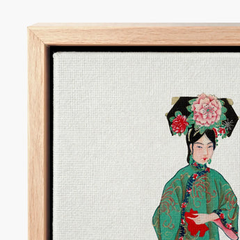 Framed Canvas Print Illustrated Chinese Woman Green Embroidered Qing Dynasty Fashion, Manchu, Art