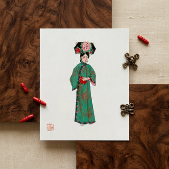 Noblewoman - Manchu Fashion Art Print / Canvas Vibrant Green Embroidered Chinese Opera Costume Print White Qing Dynasty Fashion, Manchu