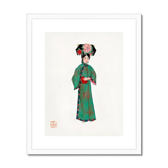 Noblewoman - Manchu Fashion Art Print, Traditional Chinese Illustration Woman Green Floral Kimono Red