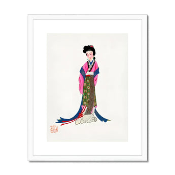 Noblewoman - Manchu Fashion Art Print, Traditional Japanese Illustration Woman Colorful Kimono Blue Sash