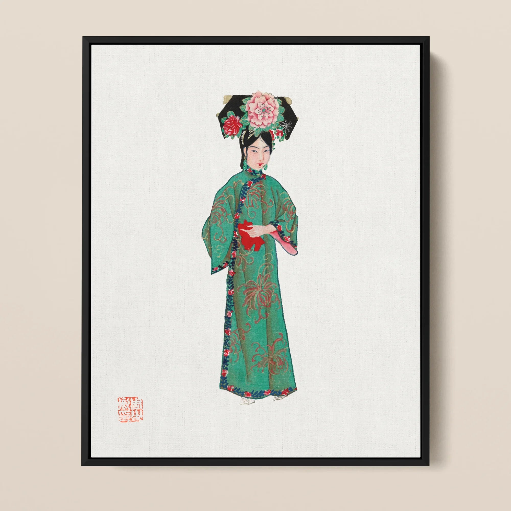 Noblewoman - Manchu Fashion Framed Canvas, Framed Artwork Woman Traditional Chinese Attire Elaborate Floral