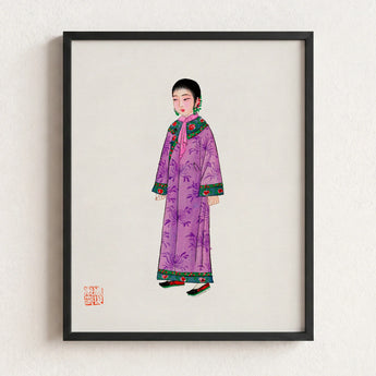 Framed Illustration Woman Traditional Chinese Attire Long Purple Qing Dynasty Elegance, Late, Manchu Fashion Art
