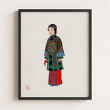 Black-framed Artwork Watercolor Illustration Elegantly Dressed Woman Traditional Qing Dynasty Manchu, Fashion Art, Ethnic Chinese Attire