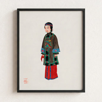 Black-framed Artwork Watercolor Illustration Elegantly Dressed Woman Traditional Qing Dynasty Manchu, Fashion Art, Ethnic Chinese Attire