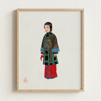 Framed Illustration Woman Traditional Chinese Attire Intricate Embroidery Qing Dynasty Manchu, Fashion Art, Ethnic