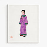 Framed Illustration Woman Purple Floral Robe Green Red Qing Dynasty Elegance, Late, Manchu Fashion Art