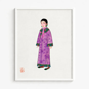 Framed Illustration Woman Purple Floral Robe Green Red Qing Dynasty Elegance, Late, Manchu Fashion Art