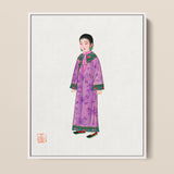 Framed Illustration Woman Traditional Purple Robe Green Red Qing Dynasty Elegance, Late, Manchu Fashion Art