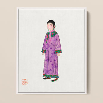 Framed Illustration Woman Traditional Purple Robe Green Red Qing Dynasty Elegance, Late, Manchu Fashion Art