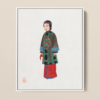 Framed Illustration Woman Traditional Chinese Attire Intricate Embroidery Qing Dynasty Manchu, Fashion Art, Ethnic