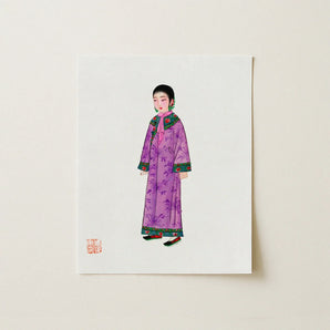 Noblewoman - Qing Dynasty Art Print / Canvas Delicate Illustration Woman Traditional Attire Long Purple Elegance, Late, Manchu Fashion