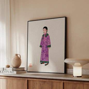 Noblewoman - Qing Dynasty Art Print / Canvas Framed Artwork Woman Elegant Purple Traditional Gown Green Elegance, Late, Manchu Fashion
