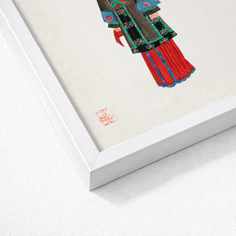 Framed Artwork Traditional Chinese Figure Vibrant Red Green Qing Dynasty Manchu, Fashion Art, Ethnic Attire