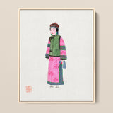 Framed Illustration Woman Traditional Chinese Attire Vibrant Pink Qing Dynasty Winter Fashion, Manchu, Art
