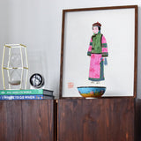 Noblewoman - Qing Dynasty Fashion Art Print / Canvas Framed Artwork Figure Traditional Chinese Dress Pink Robes Winter, Manchu, Prints