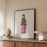 Noblewoman - Qing Dynasty Fashion Art Print / Canvas Framed Illustration Woman Traditional Attire Vibrant Pink Green Qing Dynasty Winter