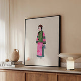 Noblewoman - Qing Dynasty Fashion Art Print / Canvas Framed Illustration Woman Traditional Attire Vibrant Pink Green Winter, Manchu, Prints