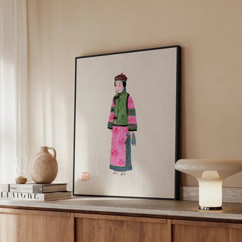 Noblewoman - Qing Dynasty Fashion Art Print / Canvas Framed Illustration Woman Traditional Attire Vibrant Pink Green Winter, Manchu, Prints