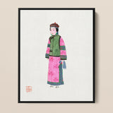 Noblewoman - Qing Dynasty Fashion Art Print / Canvas Framed Illustration Woman Traditional Chinese Attire Vibrant Pink Qing Dynasty Winter