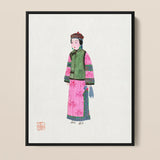 Noblewoman - Qing Dynasty Fashion Art Print / Canvas Framed Illustration Woman Traditional Chinese Attire Vibrant Pink Winter, Manchu,