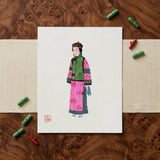 Noblewoman - Qing Dynasty Fashion Art Print / Canvas Vibrant Illustration Traditional Chinese Woman Pink Green Embroidered Winter, Manchu,