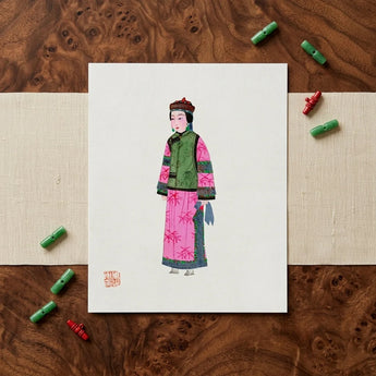 Noblewoman - Qing Dynasty Fashion Art Print / Canvas Vibrant Illustration Traditional Chinese Woman Pink Green Embroidered Winter, Manchu,