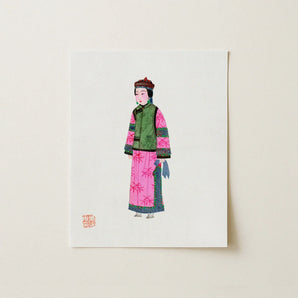 Noblewoman - Qing Dynasty Fashion Art Print / Canvas Vibrant Illustration Woman Traditional Chinese Attire Green Winter, Manchu, Prints