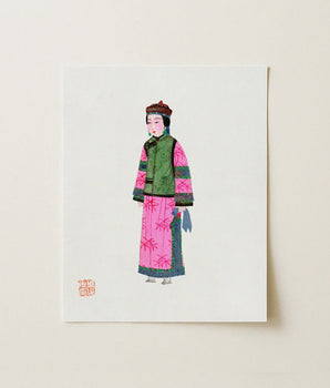 Vibrant Illustration Print Woman Traditional Chinese Attire Green Qing Dynasty Winter Fashion, Manchu, Art