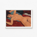 Framed Reproduction Nude Woman Red Blue Patterned Fabric Modigliani’s Nu Couché, Day Paris Police, Marched, Berthe Weill’s Gallery, Bobbed