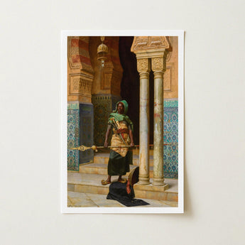 Nubian Guard - Ludwig Deutsch Orientalism Art Print / Canvas Framed Painting Figure Green Gold Attire Ornate Columns, Prints