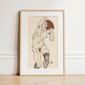Nude in Black Stockings - Egon Schiele Art Print / Canvas, 12x18’’ / 31x46cm / Natural Frame / Matboard, Posters Prints & Visual Artwork,