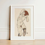 Nude in Black Stockings - Egon Schiele Art Print / Canvas Framed Artwork Figure Red Hair Detailed Linework Schiele’s, Prints