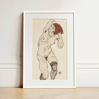 Nude in Black Stockings - Egon Schiele Art Print / Canvas Framed Artwork Figure Red Hair Detailed Linework Schiele’s, Prints