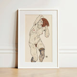 Nude in Black Stockings - Egon Schiele Art Print / Canvas Framed Artwork Figure Red Hair Detailed Linework Schiele’s, Prints