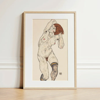 Nude in Black Stockings - Egon Schiele Art Print / Canvas Framed Artwork Figure Red Hair Detailed Linework Schiele’s, Prints