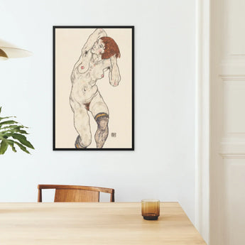 Nude in Black Stockings - Egon Schiele Art Print / Canvas Black-framed Artwork Figure Reddish-brown Hair Detailed Linework Schiele’s, Prints